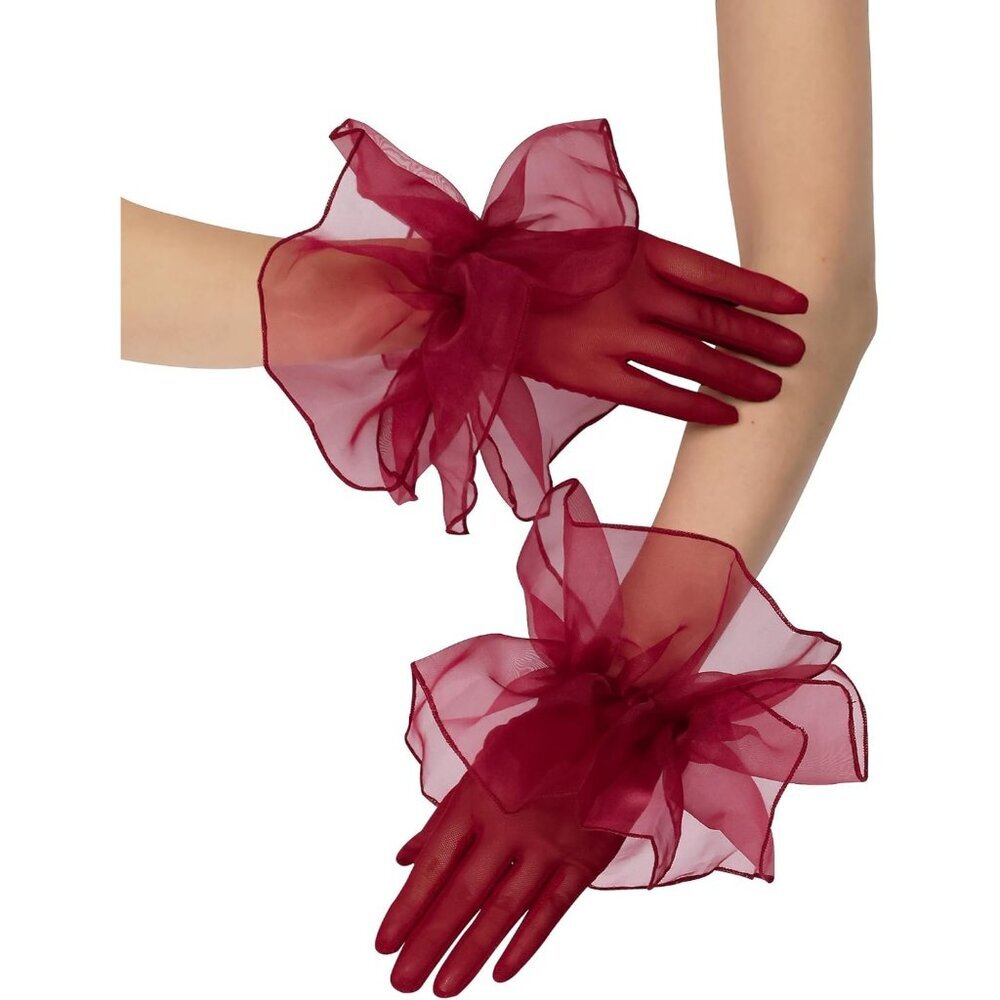 Women's Dark Red Short Mesh Imported Tulle Sheer Lace Ruffles Gloves